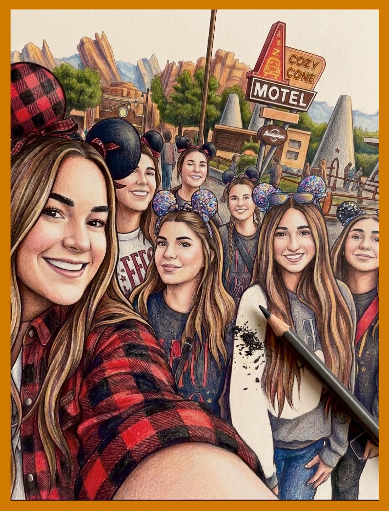 Back cover, colored in: the team at Disneyland in Mickey ears, taking a selfie in front of the Cozy Cone Motel