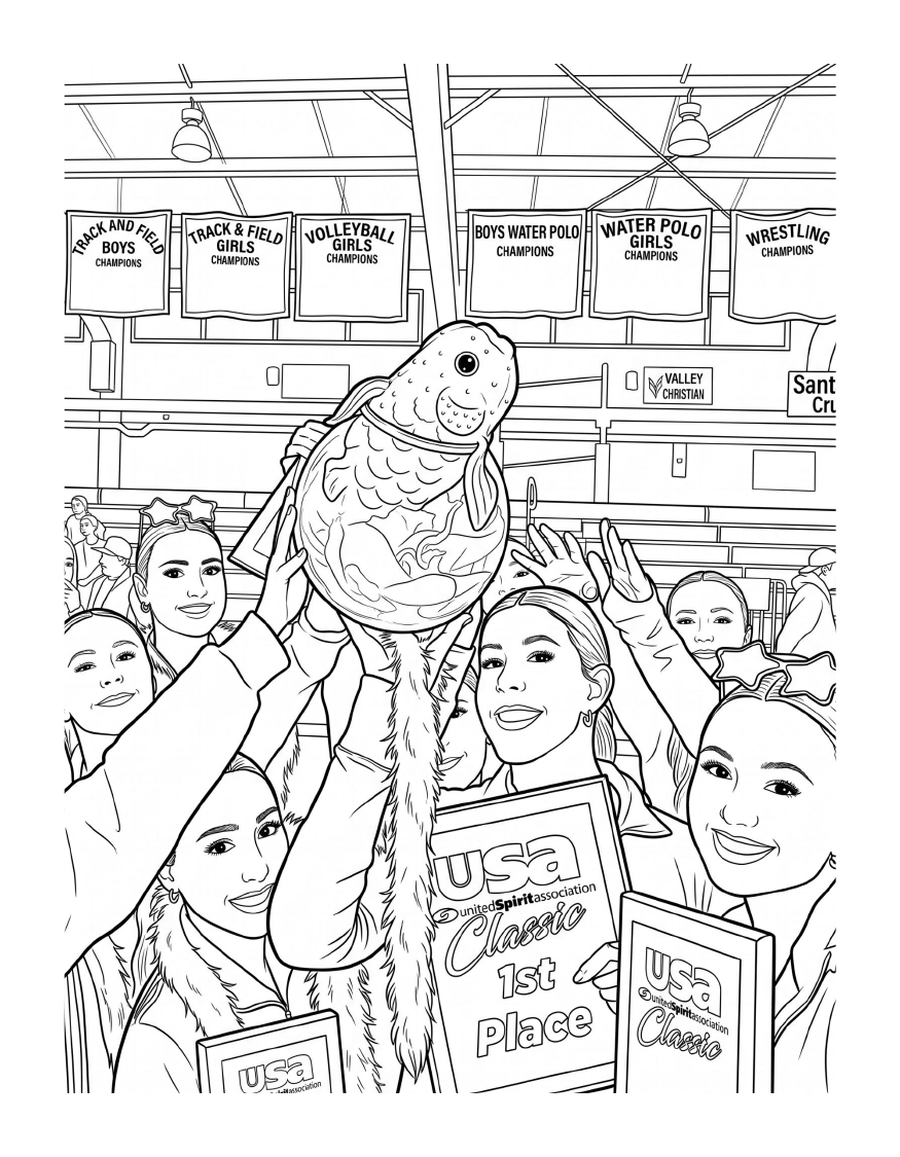 Coloring page: the Del Oro Dance Team hoisting the goldfish trophy under the gym banners, holding USA Classic 1st Place plaques