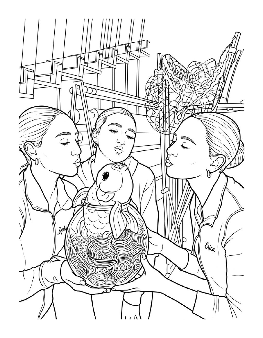 Coloring page: three dancers kissing the goldfish trophy